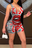 Red Sexy Print Patchwork U Neck Skinny Rompers