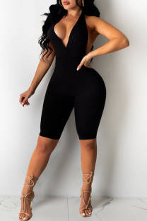 Black Sexy Casual Solid Backless Halter Skinny Romper