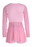 Pink Fashion Sexy Patchwork See-through Slit Square Collar Long Sleeve Two Pieces