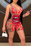 Red Sexy Print Patchwork U Neck Skinny Rompers