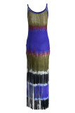 Blue Sexy Casual Print Tie Dye Tassel Spaghetti Strap Long Dress