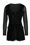 Black Fashion Sexy Patchwork See-through Slit Square Collar Long Sleeve Two Pieces