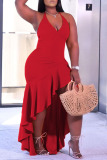 Red Fashion Sexy Solid Backless Asymmetrical Halter Sling Dress Plus Size Dresses