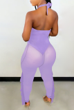 Purple Sexy Solid Flounce Mesh Halter Skinny Jumpsuits