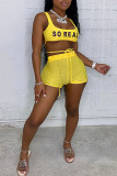 Yellow Sexy Print Hollowed Out Split Joint U Neck Sleeveless Two Pieces