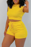 Yellow Casual Solid Split Joint O Neck Sleeveless Two Pieces