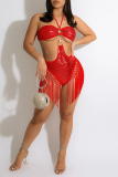 Red Fashion Sexy Patchwork Tassel Sequins Backless Strapless Skinny Romper