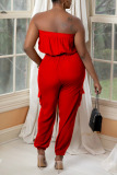 Red Casual Solid Split Joint Strapless Regular Jumpsuits