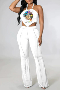 White Sexy Lips Printed Backless Asymmetrical Halter Sleeveless Two Pieces