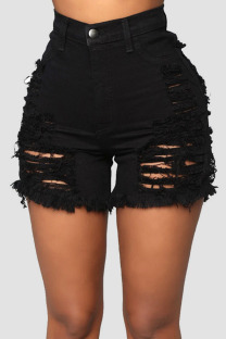 Black Sexy Street Solid Ripped Make Old Split Joint High Waist Denim Shorts