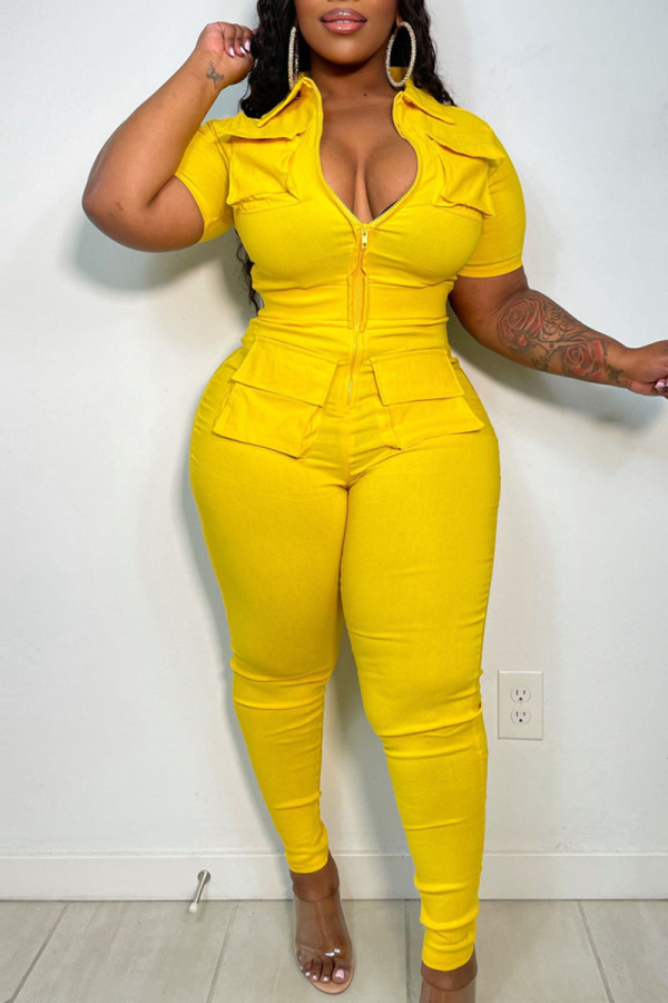 Yellow Casual Solid Patchwork Zipper Collar Plus Size Jumpsuits