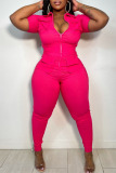 Rose Red Casual Solid Patchwork Zipper Collar Plus Size Jumpsuits