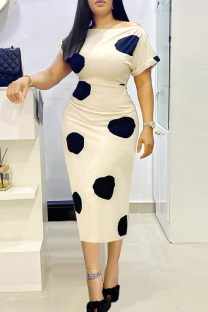 Cream White Fashion Casual Dot Print Basic Off the Shoulder Pencil Skirt Dresses