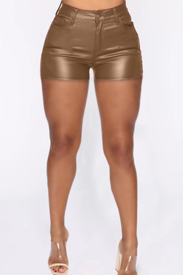 Brown Fashion Casual Solid Split Joint Skinny High Waist Shorts
