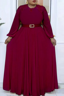 Burgundy Fashion Casual Solid Split Joint With Belt O Neck Long Sleeve Plus Size Dresses