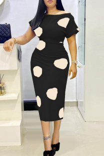 Black Fashion Casual Dot Print Basic Off the Shoulder Pencil Skirt Dresses