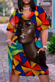 Multi-color Fashion Print Pocket V Neck Straight Dresses