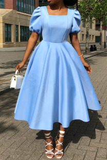 Light Blue Elegant Solid Split Joint Square Collar Evening Dress Dresses