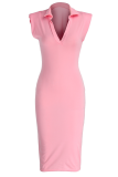 Pink Casual Solid Patchwork V Neck Pencil Skirt Dresses