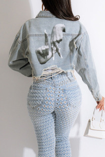 Blue Gray Street Print Make Old Patchwork Buckle Turndown Collar Long Sleeve Straight Denim Jacket