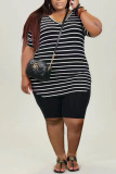 White Casual Striped Print Split Joint V Neck Plus Size Two Pieces