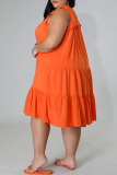 Tangerine Red Casual Solid Patchwork O Neck A Line Plus Size Dresses