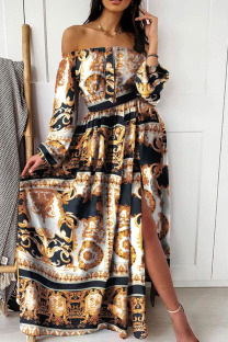 Black Gold Casual Elegant Print Split Joint Off the Shoulder Straight Dresses