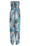 Light Blue Sexy Casual Print Backless Strapless Regular Jumpsuits