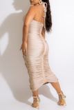 Apricot Sexy Solid Bandage Hollowed Out Split Joint Halter One Step Skirt Dresses
