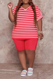 Red Casual Striped Split Joint V Neck Plus Size Two Pieces