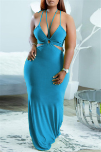 Blue Fashion Sexy Plus Size Solid Hollowed Out Backless Spaghetti Strap Long Dress