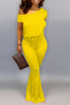 Yellow Casual Solid Patchwork One Shoulder Boot Cut Jumpsuits