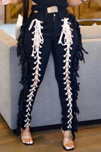 Black Fashion Casual Solid Tassel Bandage Hollowed Out High Waist Regular Denim Jeans