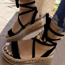 Black Fashion Casual Bandage Patchwork Round Comfortable Wedges Shoes