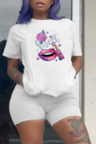 Purple Fashion Lips Printed Letter O Neck Short Sleeve Two Pieces
