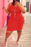 Red Sexy Patchwork Hot Drill U Neck Pencil Skirt Plus Size Dresses