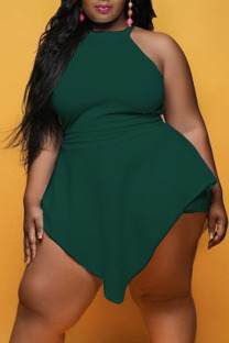 Green Fashion Casual Solid Split Joint Asymmetrical O Neck Plus Size Romper