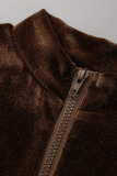Coffee Casual Solid Patchwork Zipper Collar Regular Rompers