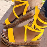 Yellow Fashion Casual Bandage Split Joint Round Comfortable Wedges Shoes