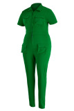 Green Casual Solid Patchwork Zipper Collar Plus Size Jumpsuits
