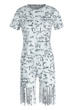 White Casual Street Print Tassel Patchwork Asymmetrical O Neck Short Sleeve Two Pieces