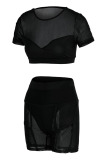 Black Sexy Solid Split Joint See-through O Neck Short Sleeve Two Pieces