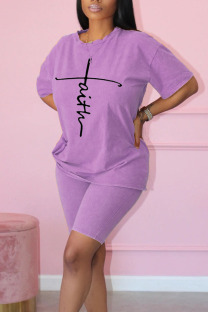 Purple Casual Print Patchwork O Neck Short Sleeve Two Pieces