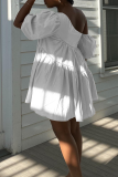 White Casual Solid Flounce One Shoulder Cake Skirt Dresses