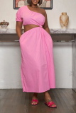 Pink Casual Solid Hollowed Out One Shoulder Straight Dresses
