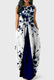 Blue Casual Print Split Joint O Neck Lantern Dress Dresses