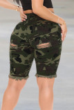 Camouflage Fashion Casual Camouflage Print Ripped High Waist Straight Denim Shorts