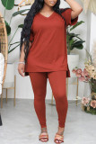 Red Fashion Casual Solid Patchwork Slit V Neck Short Sleeve Two Pieces