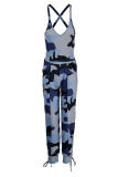 Blue Sexy Print Patchwork U Neck Sleeveless Two Pieces