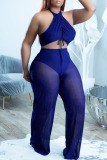 Blue Sexy Solid Split Joint Halter Sleeveless Two Pieces
